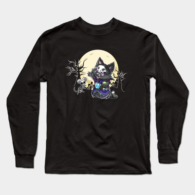 Cute but Scary Nekomancer: cat summoning the undead - Halloween RPG necromancer theme shirt Long Sleeve T-Shirt by DeMonica